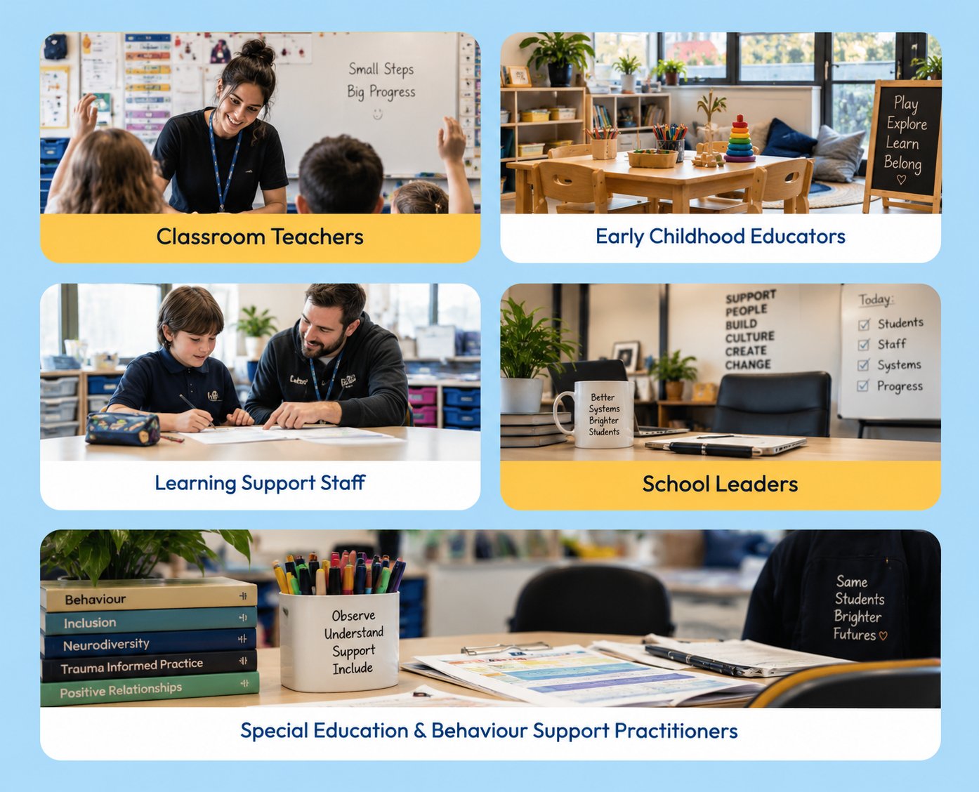Educator Systems — classroom teachers, early childhood educators, learning support staff, school leaders, special education and behaviour support practitioners